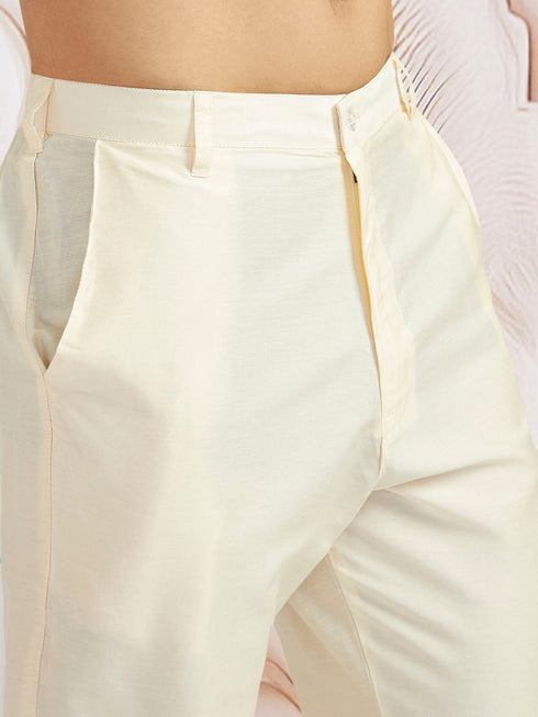 Men's Cream Silk Blend Kurta,Pant And Dupatta Set